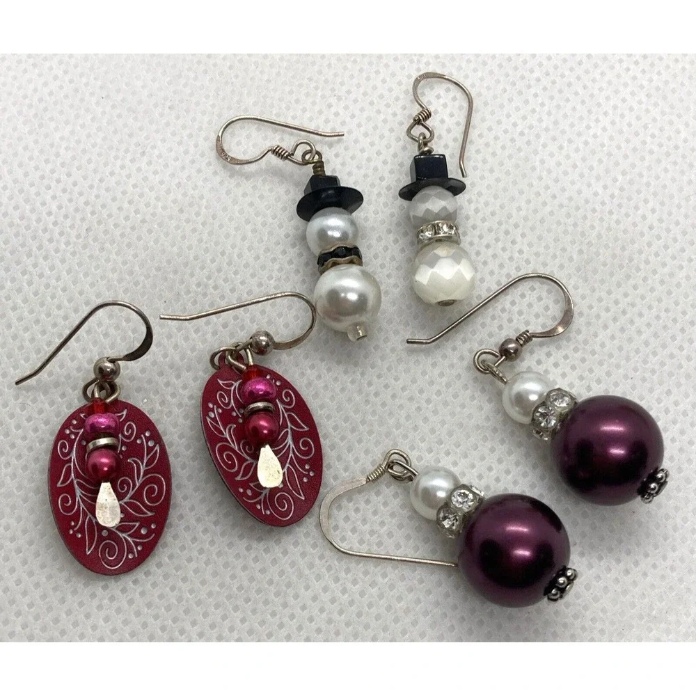 Vintage‎ Lot of 3 Beaded Dangle Earrings Sterling 925 Silver 11g Snowman Purple